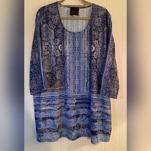 French Blue Blouse Women’s 2X Blue Paisley Floral  Sequins Tunic Boho
